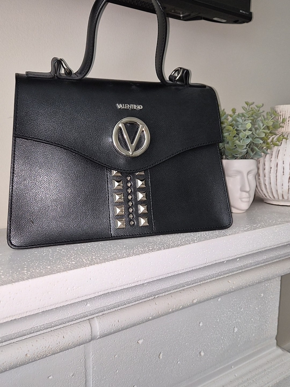 Valentino Black Leather Top-Handle Satchel with Silver V Emblem